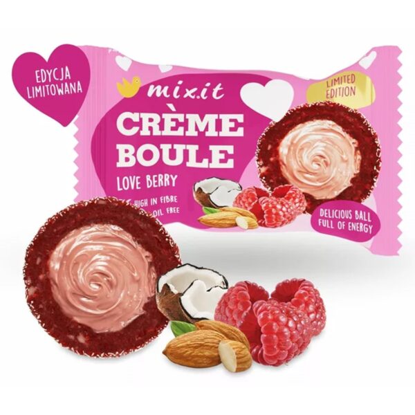 Kulki daktylowe z liofilizowanymi owocami wypełnione kremem migdałowym "Creme Boule – Love Berry" Mixit, 30g